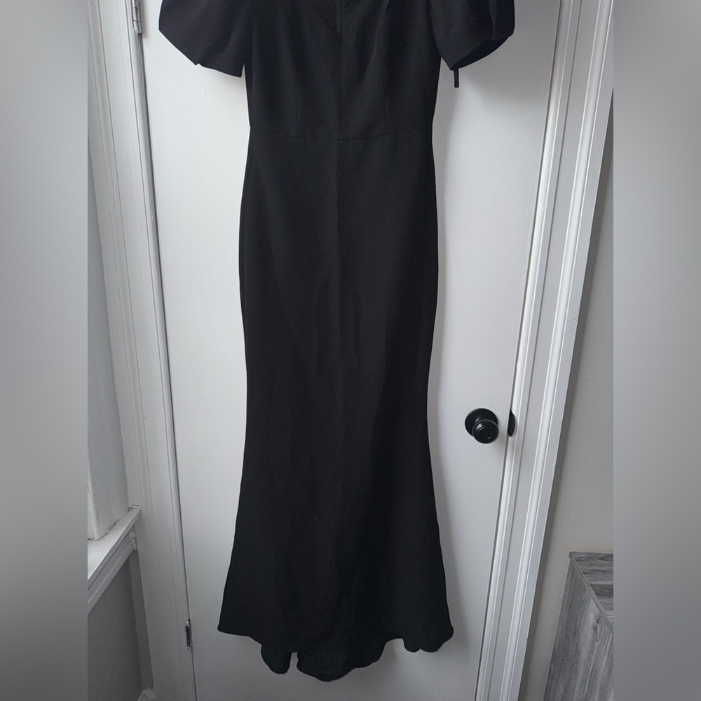Badgley Mischka Gathered Crepe Black V-Neck Maxi Gown Statement Puff Sleeves - Picture 15 of 16
